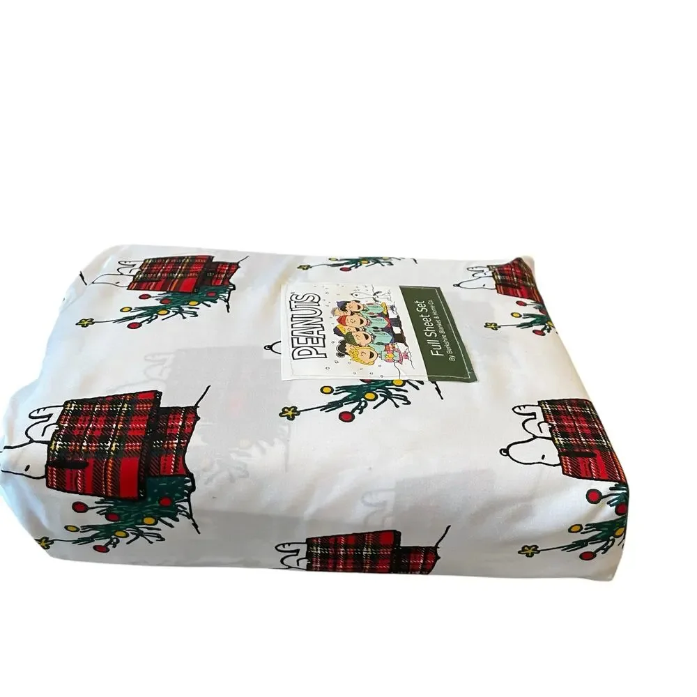 Peanuts Snoopy & Woodstock PLAID Doghouse Christmas Tree FULL Sheet Set New